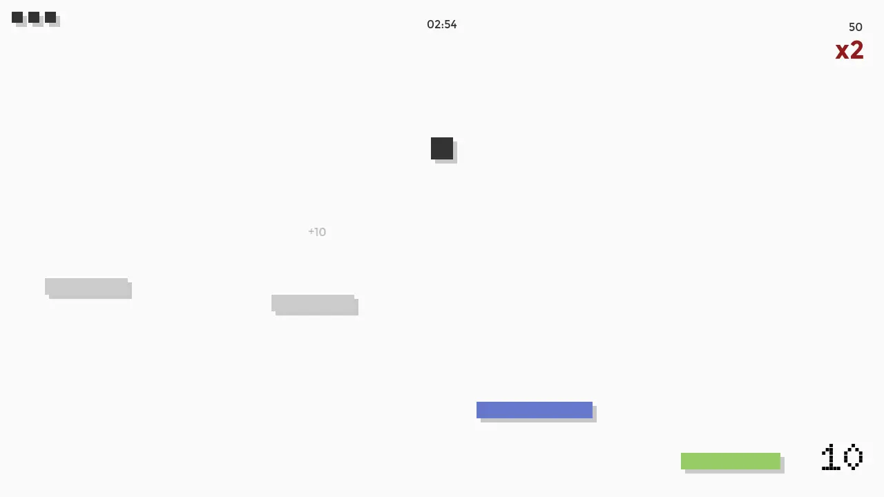 Bouncer: a black cube above grey, blue and green platforms, with the timer, score and x2 multiplier.