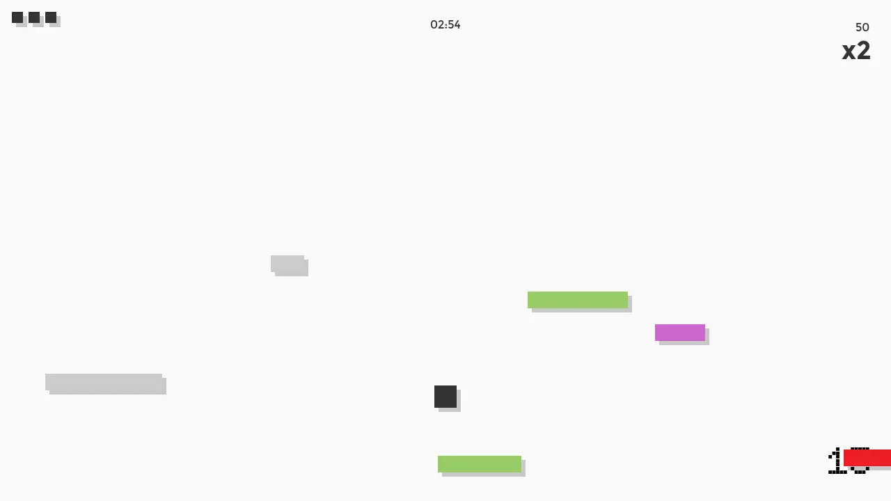 Bouncer: a black cube above grey, green and purple platforms.