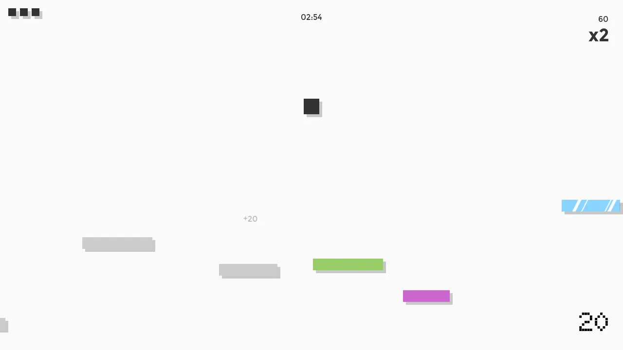 Bouncer: a black cube above grey, green, purple and blue platforms, with the score and x2 multiplier.