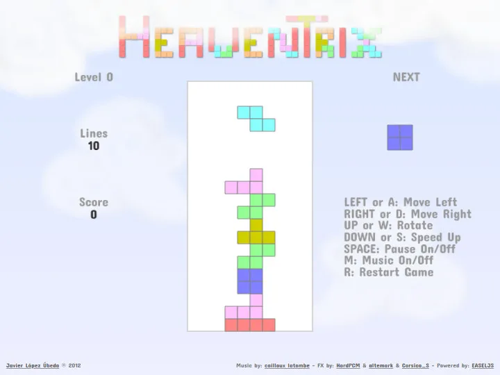 HeavenTrix: a pastel tetromino falls onto the board, with the level, lines and score on the left and the next piece on the right.