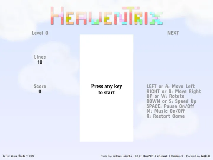 HeavenTrix: the start screen asking the player to press any key, with the controls listed on the right.