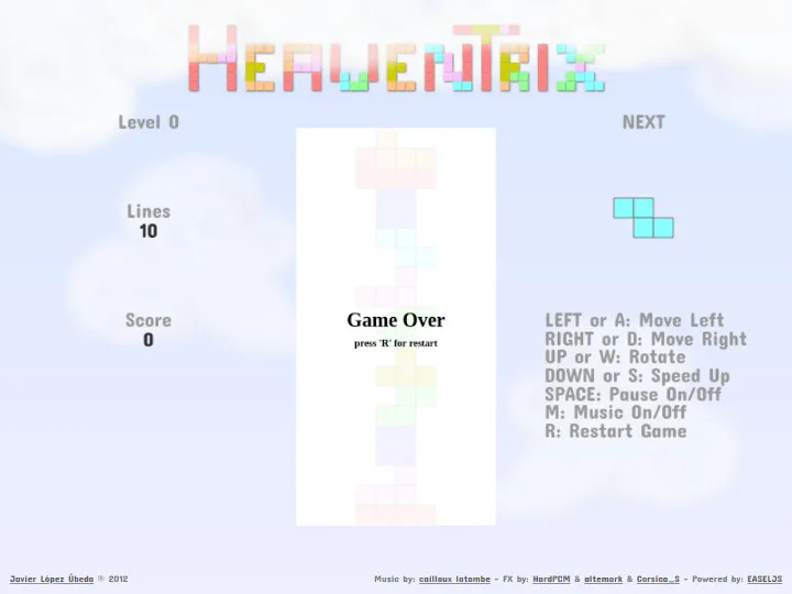 HeavenTrix: the game over screen with the final board and the option to press R to restart.