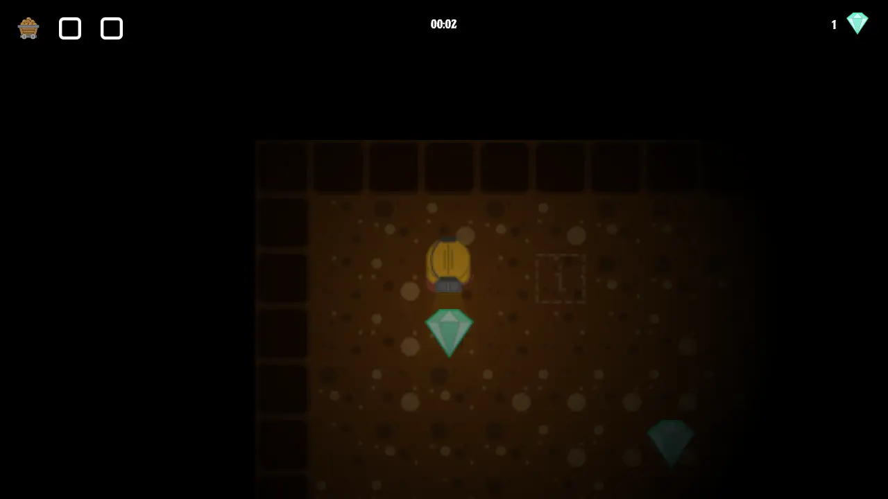 Monty: the miner in a dark mine level with a cart, green gems and brown walls.