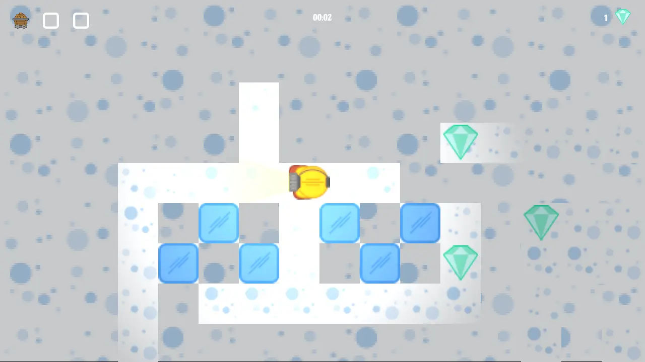 Monty: the miner in an ice level with blue blocks, white platforms and green gems.