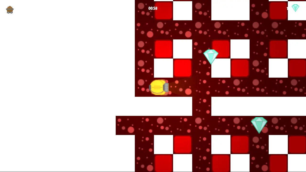 Monty: the miner in a red and white checkered level with a timer and gems.