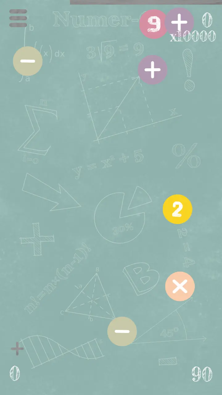 Numer-Om: numbered and operator circles on a green chalkboard covered with maths doodles.