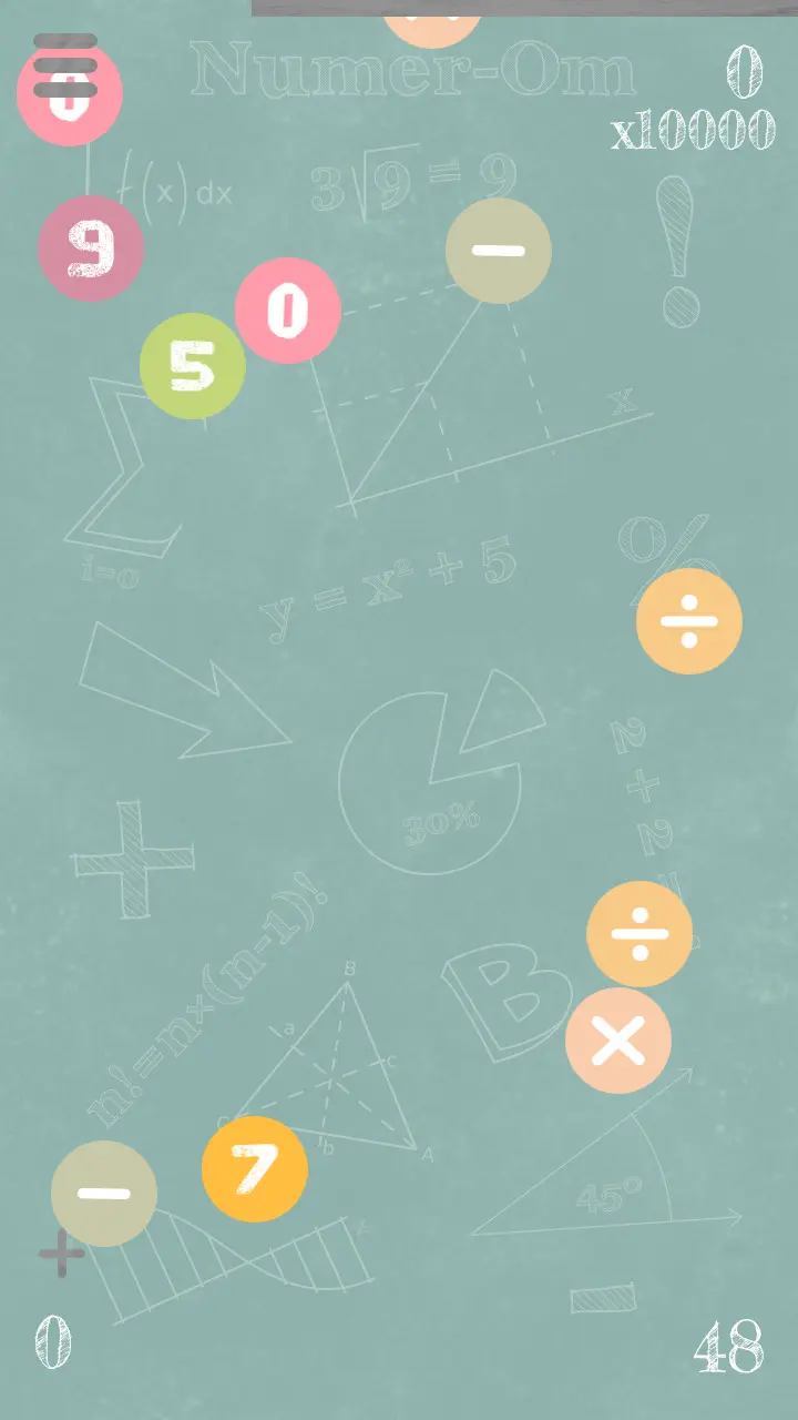 Numer-Om: several number and operator circles, including 9, 5, 0 and 7, on a chalkboard.