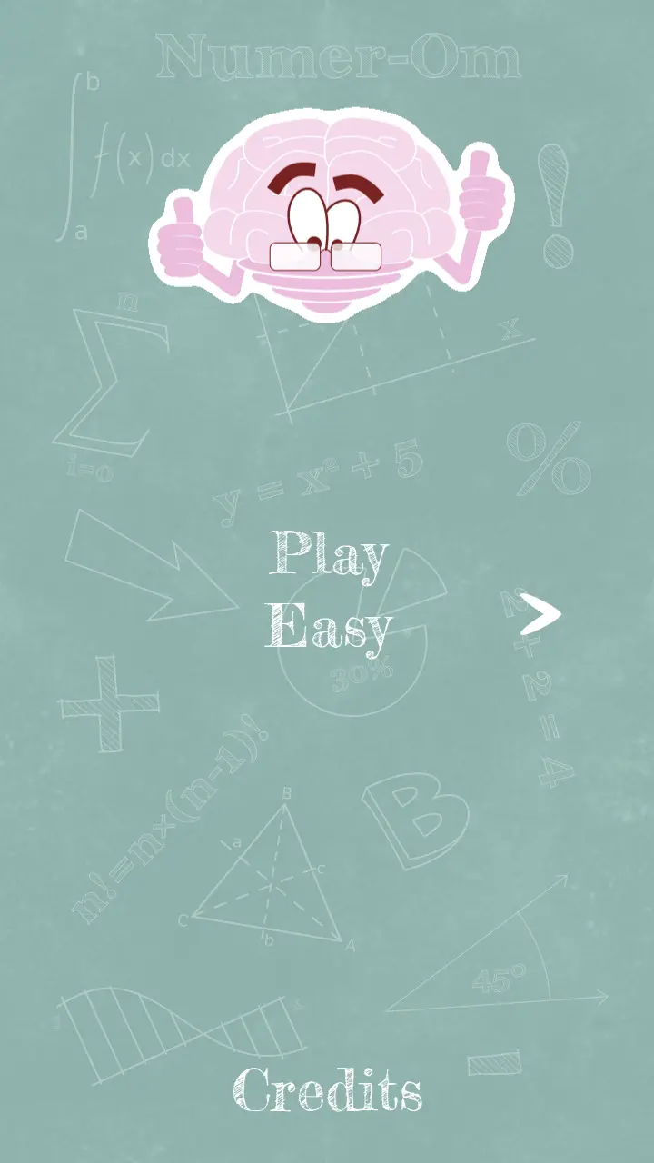 Numer-Om: the brain mascot on the title screen with the Play Easy and Credits options.